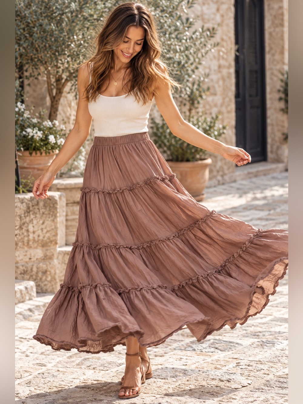 Aritzia Little Moon Damasque Rich Mocha Brown TENCEL Modal Tiered Maxi